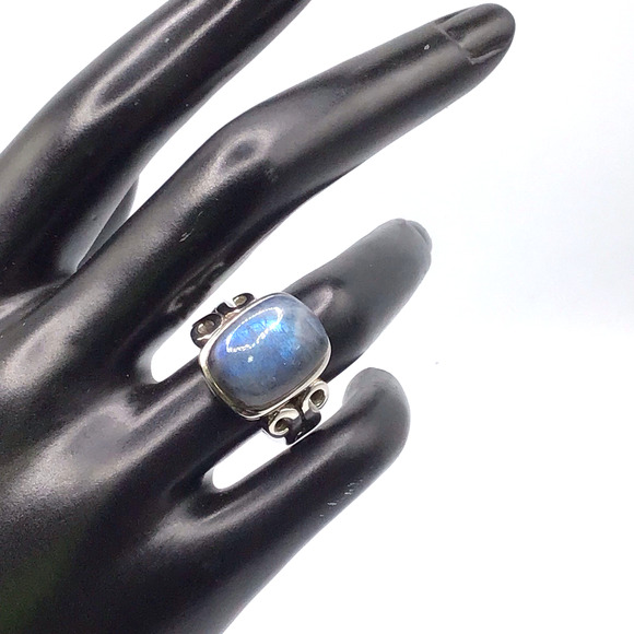 925 Sterling Silver Labradorite Cocktail Ring Size 7 Oval Cabochon Scroll Design - Picture 10 of 13